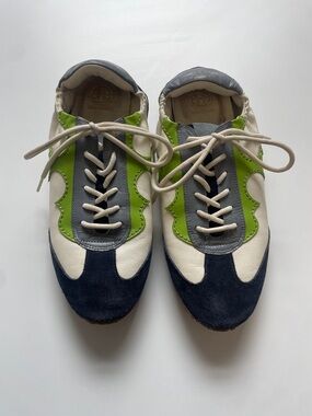 Gorgeous Tory Burch Navy, Cream & Green Leather Suede Sneakers